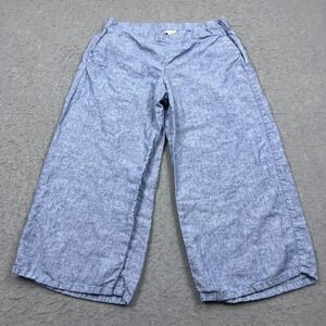 J Jill Love Pants Women's Large Blue 100% Linen Wide Leg Crop Woven Lagenlook